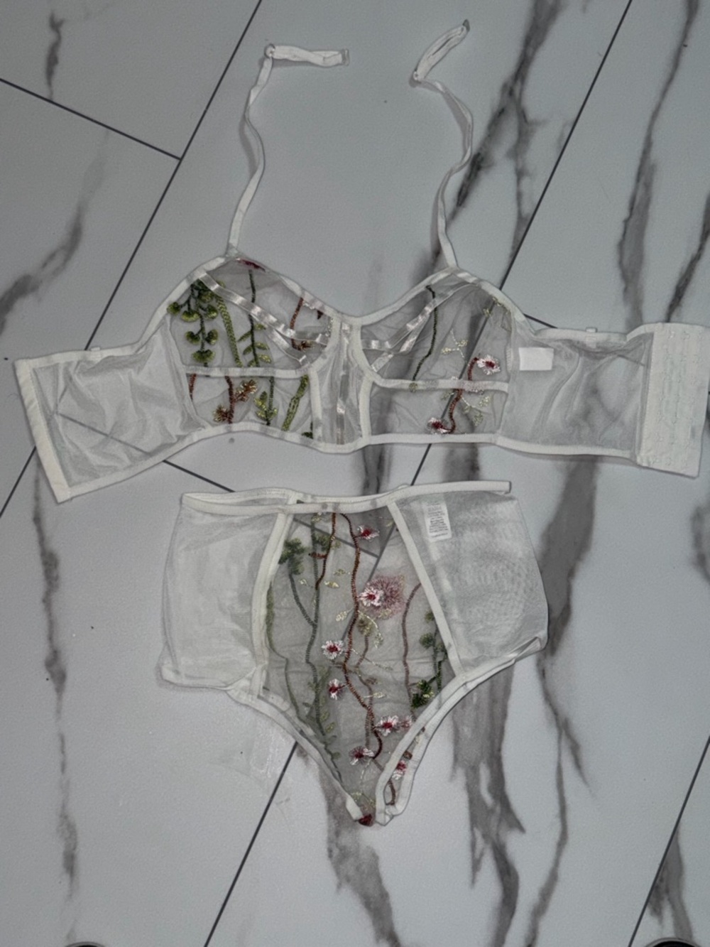 JSCatalog White Sheer Floral Embroidered Bra & High-Waist Brief Set